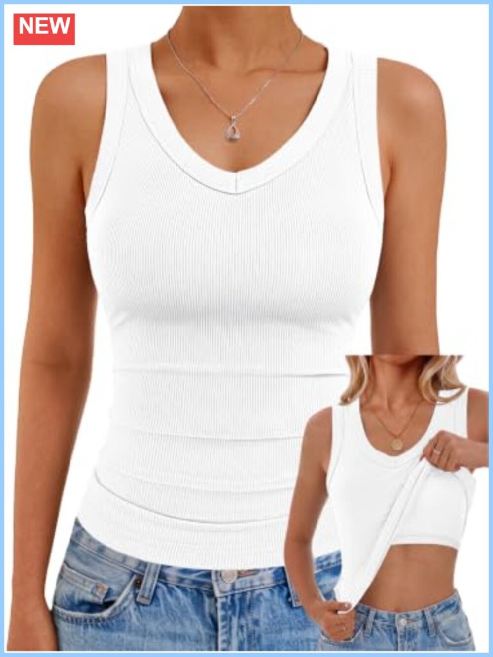 Women's Built-in Bra Ribbed V-Neck Tank Top Sleeveless Ruched Summer Top